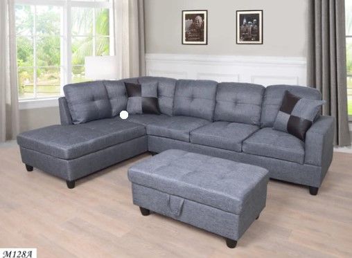 Photo 1 of *INCOMPLETE BOX 2 OF 2* MEGA Furnishing 3 PC Sectional Sofa Set, Gray Linen Lift -Facing Chaise with Free Storage Ottoman
