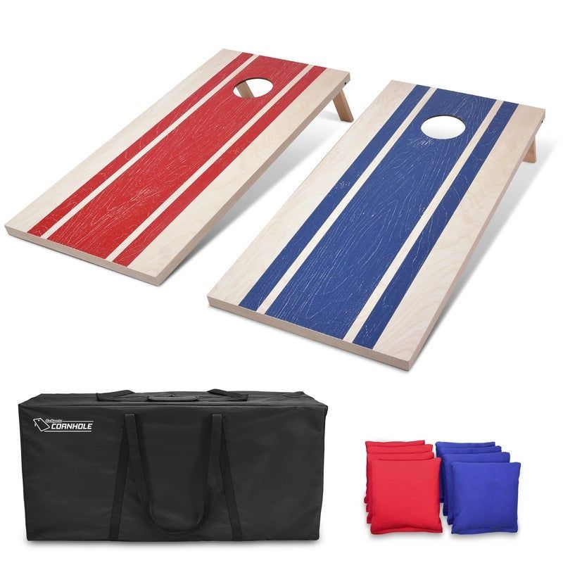 Photo 1 of **DAMAGED** GoSports 4'x2' Wood Design Cornhole Game Set - Includes Two 4'x2' Boards, 8 Bean Bags, and Carry Case, Red, Blue
