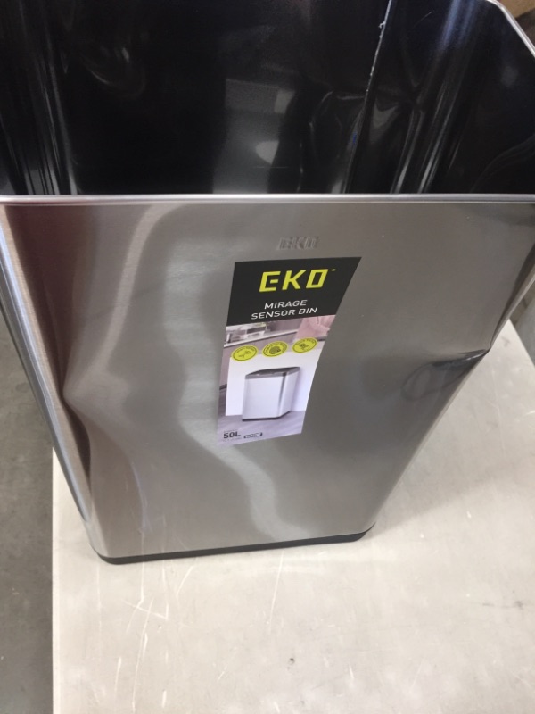 Photo 2 of **DAMAGED*8 EKO Mirage-T 50 Liter / 13.2 Gallon Touchless Rectangular Motion Sensor Trash Can, Brushed Stainless Steel Finish
