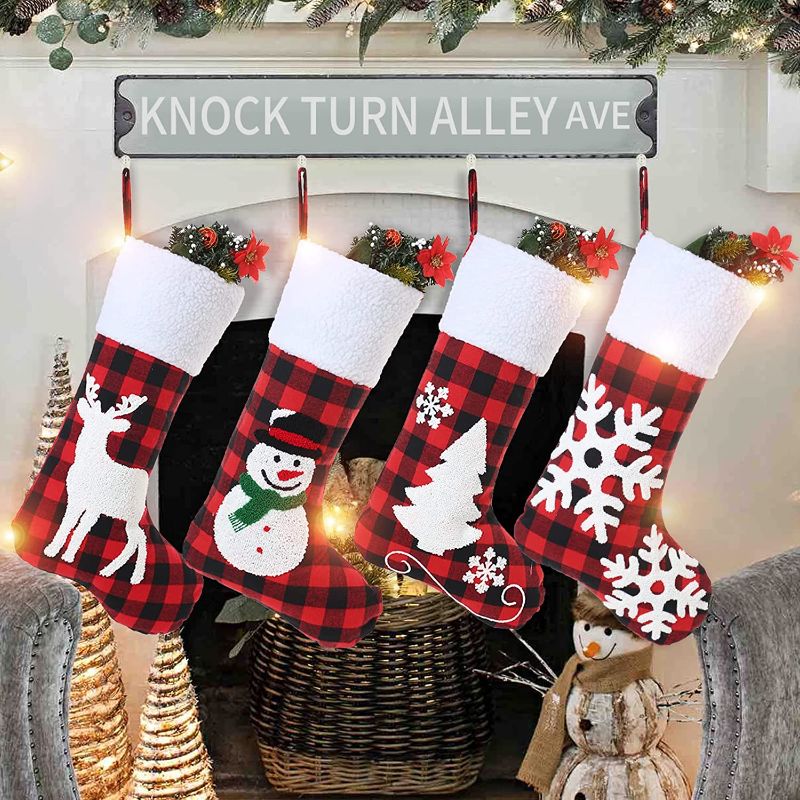 Photo 1 of WINDUDU 4PCS Christmas Stocking 20 inch Large Buffalo Plaid Check with White Faux Plush Xmas Stockings for Fireplace Mantel Home Decor Tree Hanging Ornament (red)
