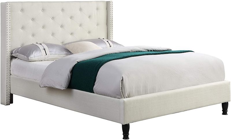Photo 1 of (BOX 2/2) Home Life Premiere Classics Cloth Light Beige Cream Linen 51" Tall Headboard Platform Bed with Slats Queen - Complete Bed 5 Year Warranty Included- 007
