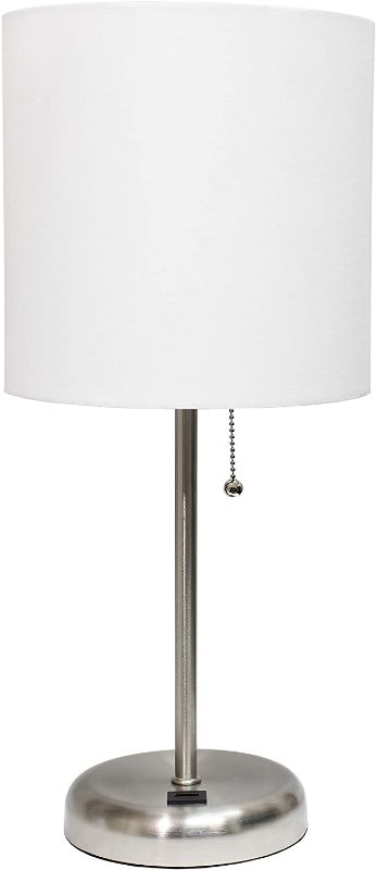 Photo 1 of Limelights LT2044-WHT Stick USB Charging Port and Fabric Shade Table Lamp, Brushed Steel/White