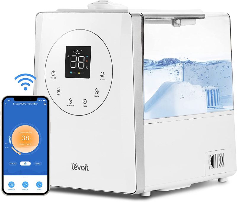 Photo 1 of LEVOIT Humidifiers for Bedroom Large Room Home, Smart Wifi Alexa Control, 6L Top Fill Warm and Cool Mist for Whole House, Essential Oil, Customized Humidity, Sleep Mode, Timer, Ultra Quiet, White