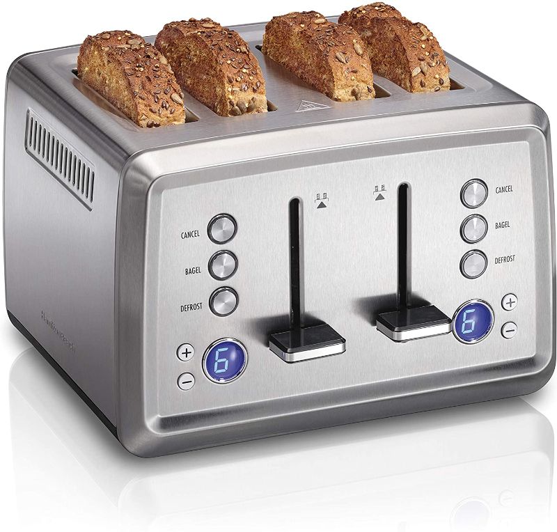 Photo 1 of Hamilton Beach 24796 Toaster with Bagel & Defrost Settings, Toast Boost, Slide-Out Crumb Tray Extra Wide Slot, 4 Slice - Digital, Stainless Steel