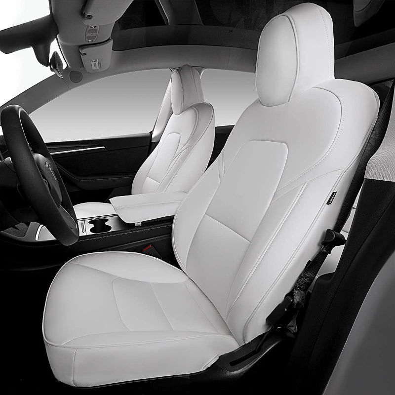 Photo 1 of  Fit Tesla Model Y Seat Covers All Season leather Front Car Seat Cushion Protector Accessories (White, 5 Pcs (Model Y) white