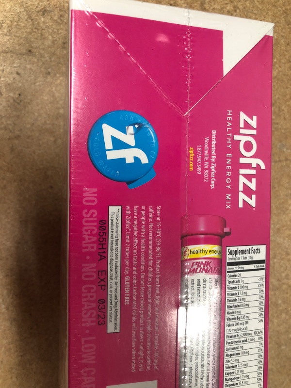 Photo 3 of (FACTORY SEALED: EXP Date 3/2023)
Zipfizz Healthy Energy Drink Mix, Hydration with B12 and Multi Vitamins, Pink Lemonade, 20 Count
