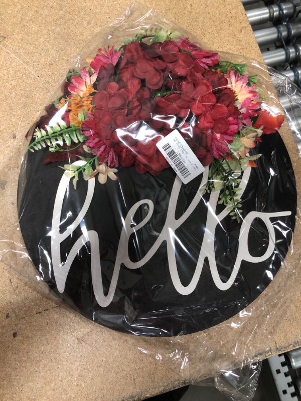 Photo 2 of (STOCK PIC INACCURATELY REFLECTS ACTUAL PRODUCT) fall wreath wall decor round hello sign 12" x 12" with red flowers