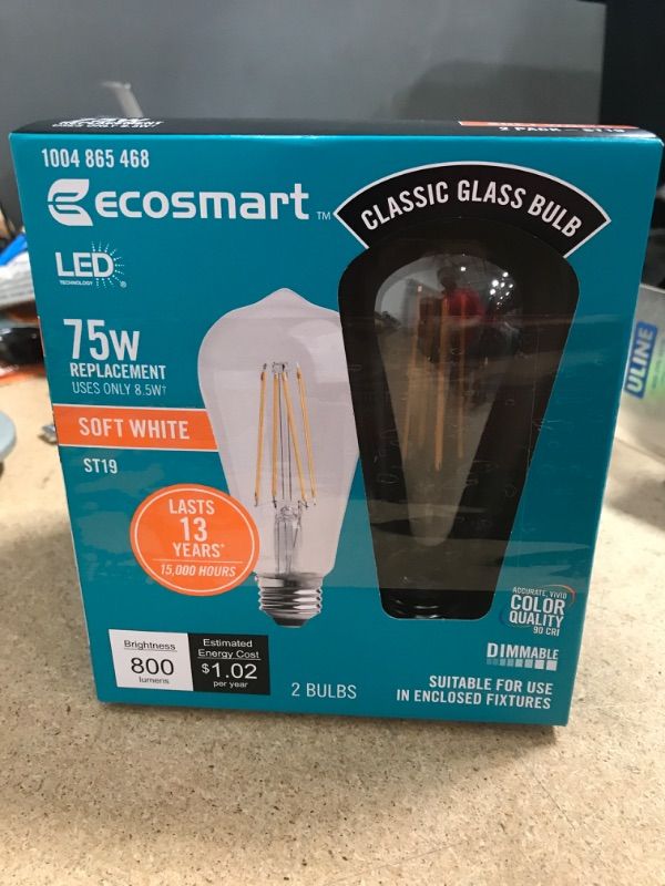 Photo 2 of **2 of - 75-Watt Equivalent ST19 Antique Edison Dimmable CEC Clear Glass Filament Vintage LED Light Bulb Soft White (2-Pack)
