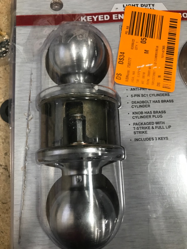 Photo 2 of **PARTS ONLY**- MISSING COMPONENTS*- Standard Duty Commercial Satin Chrome Keyed Entry Door Knob with Single Cylinder Deadbolt Combo
