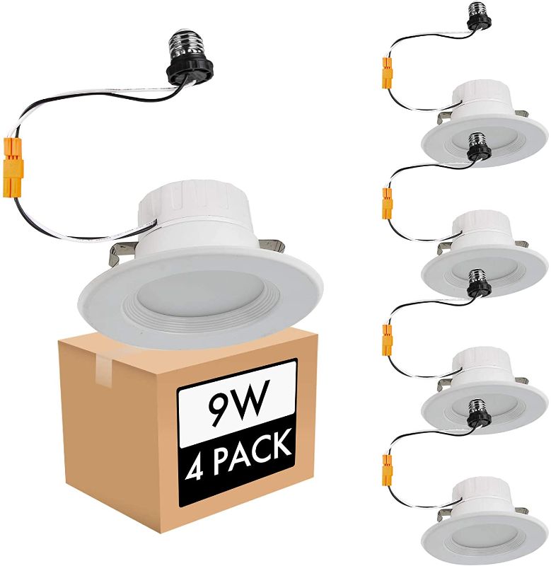 Photo 1 of 4 Pack 4 Inch Ultra-Thin LED Recessed Downlight Baffle Trim, Dimmable, 9W 75W Eqv, 4000K Daylight 960LM Damp Rated, Simple Retrofit Installation
