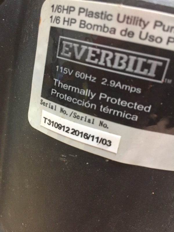 Photo 3 of Everbilt 1/6 HP Submersible Thermoplastic Utility Pump by Everbilt
model: SUP54-HD
serial number: T310912
- 11/03/2016 -