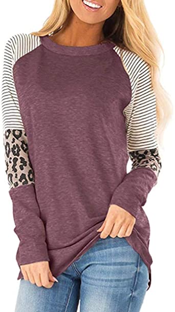 Photo 1 of Leopard Print Tops for Women Long Sleeve Crew Neck Patchwork T Shirt Blouse, Purple (Size 2XL) and Dark Grey (Size Medium)