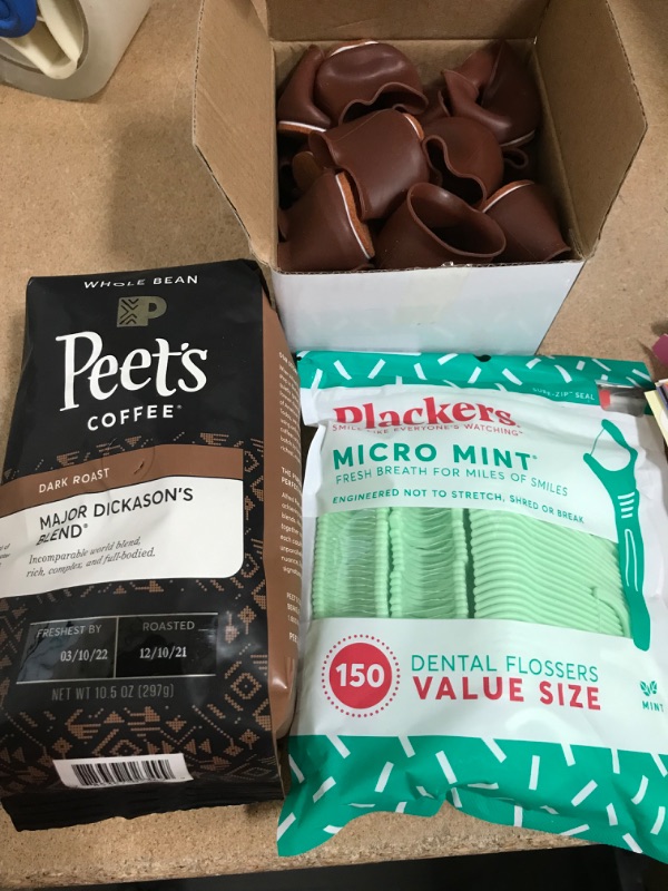 Photo 1 of *coffee EXPIRES March 2022, NON REFUNDABLE*
Miscellaneous Home Bundle (10.5 oz Dark Roast Coffee, 150 Count Dental Floss Picks, Silicone Chair Leg Floor Protectors with Felt Pads – 16 PCS, and Wall Collage Kit 63 PCS, 4x6 Inch)