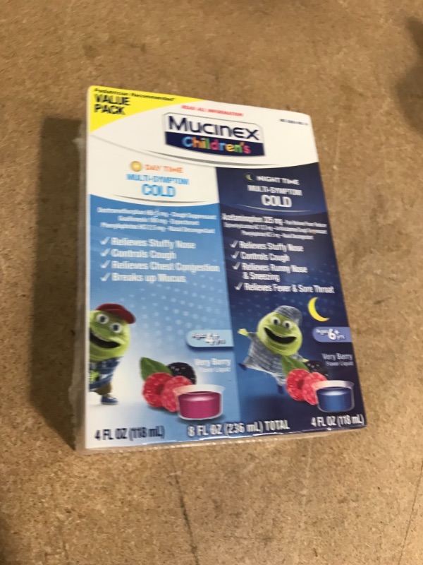 Photo 3 of exp: 08/2022 - Cold & Cough, Mucinex Children's Multi-Symptom Day/Night Liquid, Very Berry, 8oz (2x4oz) Relieves Nasal & Chest Congestion, Thins & Loosens Mucus, Controls Cough, Reduces Fever, Soothes Sore Throat
