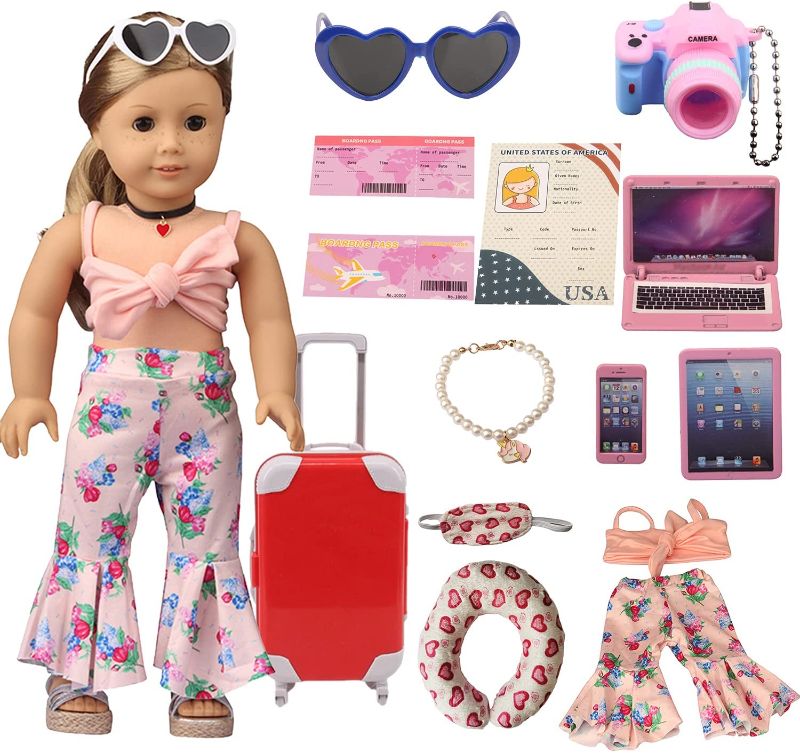 Photo 1 of **DOLL NOT INCLUDED** ReeRaa American 18 inch Doll Accessory Suitcase Set is Suitable for 18 inch Doll Travel Bag, Sunglasses, Necklace, Camera, Computer Phone pad, Travel Pillow, Eye mask, Passport Ticket