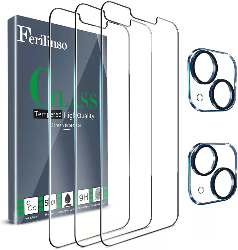 Photo 1 of Ferilinso Designed for iPhone 13 Screen Protector, 3 Pack HD Tempered Glass with 2 Pack Camera Lens Protector, Case Friendly, 9H Hardness, Bubble Free, 5G 6.1 Inch, Easy Installation - 2 pack