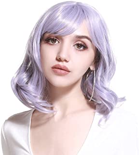 Photo 1 of Pastel Lavender Short Curly Wavy Colorful Colored Bob Wig with Bangs Grayish Purple Synthetic Cheap For Black White Women Gril Kid Lolita Cospaly Custome SARLA
