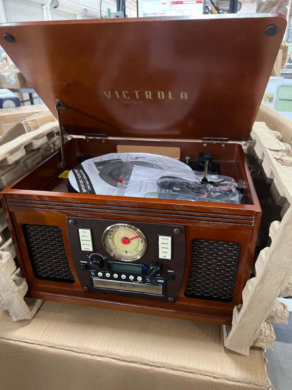 Photo 4 of Victrola 8-in-1 Bluetooth Record Player & Multimedia Center, Built-in Stereo Speakers - Turntable, Wireless Music Streaming, Real Wood | Mahogany
PREVIOULSY OPENED!!!
