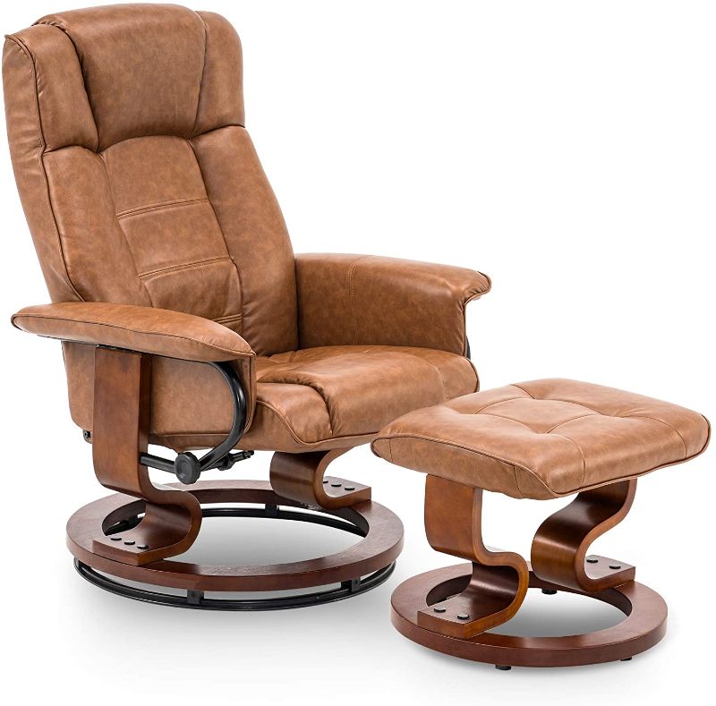 Photo 1 of ***INCOMPLETE MISSING HARDWARE AND MANUAL ***Mcombo Swiveling Recliner Chair with Wrapped Wood Base and Matching Ottoman Footrest, Furniture Casual Chair, Faux Leather 9019 (Saddle)
STOCK PHOTO IS JUST A REFRENCRE DIFFERENT COLOR 