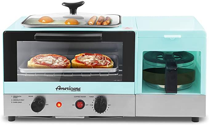 Photo 1 of Elite Gourmet Americana 2 Slice, 9.5" Griddle with Glass Lid 3-in-1 Breakfast Center Station, 4-Cup Coffeemaker, Toaster Oven with 15-Min Timer, Heat Selector Mode, Blue
