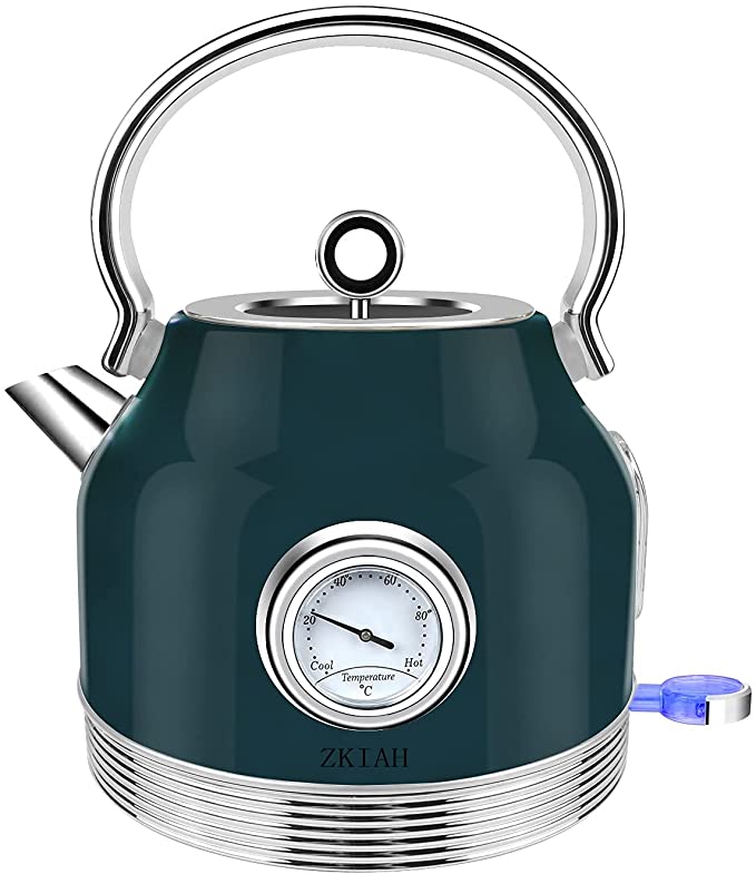 Photo 1 of ZKIAH Electric Kettle 1.7L Stainless Steel, Vintage Fast Boiler Tea Kettle Water Heater with Temperature Dial, Boil-Dry Protection Automatic Shut-off Electric Kettle (Teal) (Renewed)
