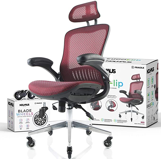 Photo 1 of NOUHAUS ErgoFlip Mesh Computer Chair - Burgundy Rolling Desk Chair with Retractable Armrest and Blade Wheels Ergonomic Office Chair, Gaming Chairs, Executive Swivel Chair/High Spec Base
