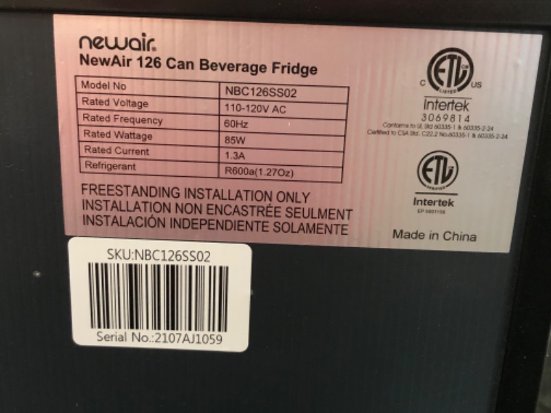 Photo 4 of ***PARTS ONLY*** NewAir Beverage Refrigerator And Cooler, Free Standing Glass Door Refrigerator Holds Up To 126 Cans, Cools Down To 37 Degrees Perfect Beverage Organizer For Beer, Wine, Soda, Pop, And Cooler Drinks
