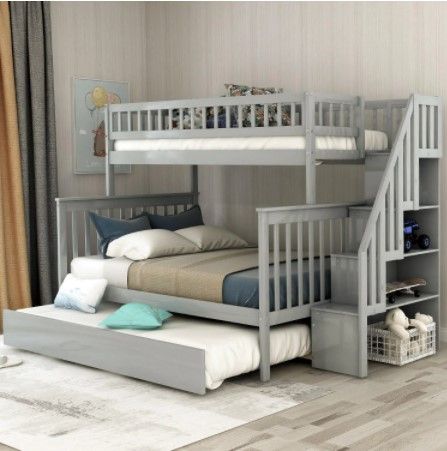 Photo 1 of *INCOMPLETE BOX 3 OF 3* Gray Twin Over Full Bunk Bed with Trundle and Stairs for Kids
