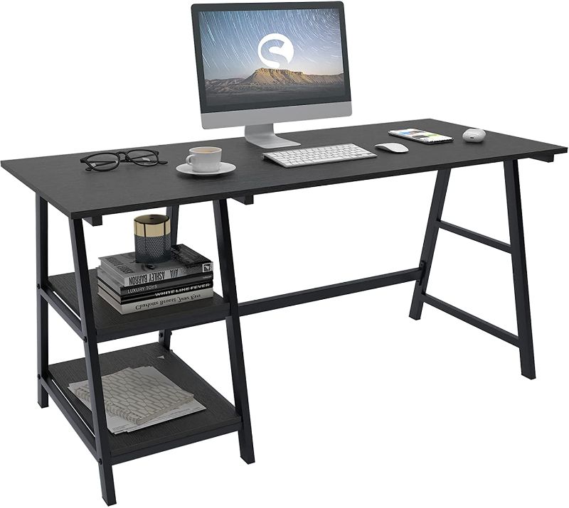 Photo 1 of SDHYL Small Computer Desk, 55 inches Home Office Desks with 2-Tier Storage Shelves, Student Desk Trestle Desk Simple Desk Rustic Desk Wooden Desk Small Desks for Small Spaces (Black)
