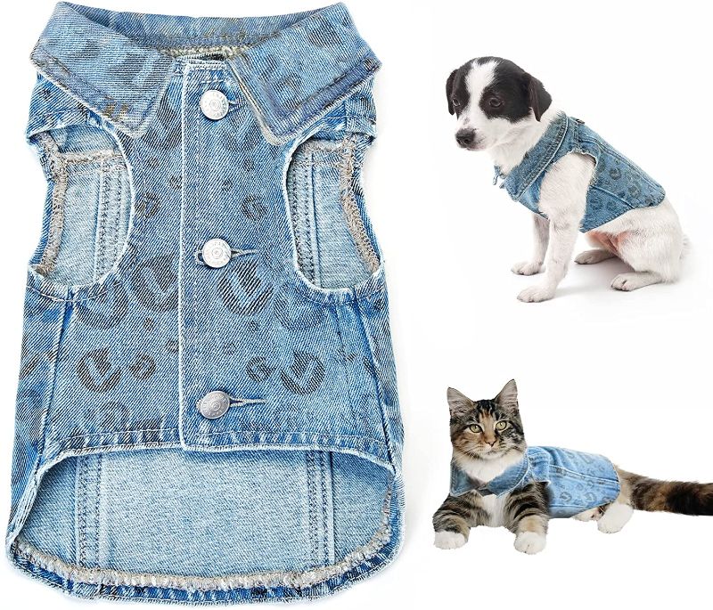 Photo 1 of Thankspaw Dog Jean Jacket Dog Blue Outfits Denim Vest Coat T-Shirt Cute and Cool Apparel Machine Washable Puppy Clothes for Small Medium Dogs Pets and Cats
