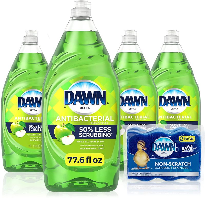 Photo 1 of Dawn Dish Soap, Antibacterial Hand Soap, Dishwashing Liquid, Apple Blossom Scent,19.4 oz, Pack of 4 + 2 Sponges
