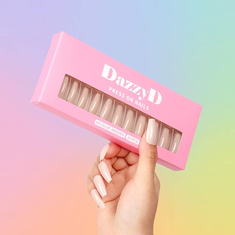 Photo 1 of DazzyD Nude Beige Coffin Press on Nails (24 Pcs) No Glue Needed, Reusable Glossy Long Square Ballerina Stick on Nails, Natural Nails with Sticky Tabs and Nail File
SET OF 7 