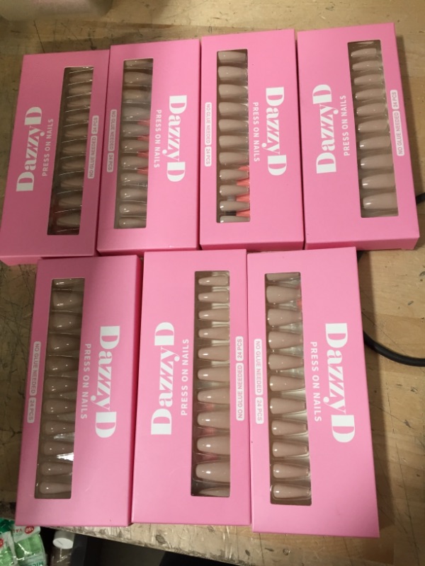 Photo 2 of DazzyD Nude Beige Coffin Press on Nails (24 Pcs) No Glue Needed, Reusable Glossy Long Square Ballerina Stick on Nails, Natural Nails with Sticky Tabs and Nail File
SET OF 7 