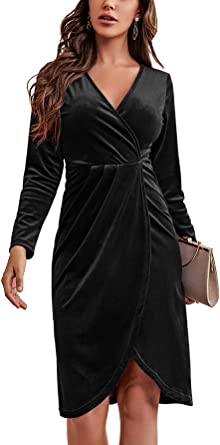 Photo 1 of Laqeyko Velvet Dress for Women Wrap V Neck Long Sleeve Ruched Cocktail Dresses for Evening Party-Maroon-LARGE 