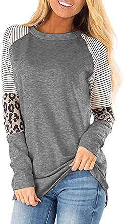 Photo 1 of Leopard Print Tops for Women Long Sleeve Crew Neck Patchwork T Shirt Blouse-XL 
SET OF 2