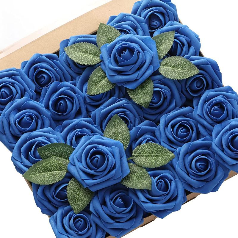 Photo 1 of  2 pack Artificial Flowers, 25Pcs Dainty Rose Artificial Wedding Fake Flowers Combo with Stem/Leaves (Navy Blue, 25 Pcs) and White 25 pcs