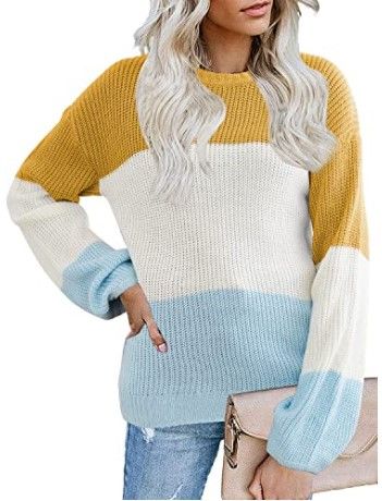 Photo 1 of Aoysky Womens Stripe Color Block Knit Sweater Long Sleeve Casual Loose Crew Neck Pullover Tunic Jumper Tops (Small)
