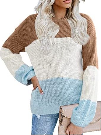 Photo 1 of Aoysky Womens Stripe Color Block Knit Sweater Long Sleeve Casual Loose Crew Neck Pullover Tunic Jumper Tops (XL)
