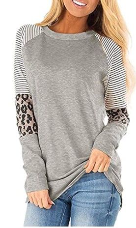 Photo 1 of **SET OF 2**
Leopard Print Tops for Women Long Sleeve Crew Neck Patchwork T Shirt Blouse (XL)
