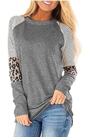 Photo 1 of **SET OF 2**
Leopard Print Tops for Women Long Sleeve Crew Neck Patchwork T Shirt Blouse (Large)