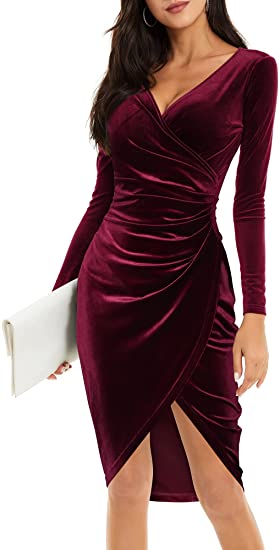 Photo 1 of HUHOT Womens Wrap V Neck Long Sleeve Split Wrap Velvet Elegant Bodycon Ruched Cocktail Party Midi Dress
