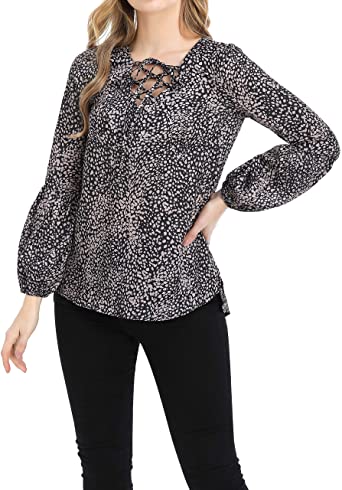 Photo 1 of Women's Leopard Print Long Sleeve Lace up V Neck High Low Blouse Top
SIZE XL