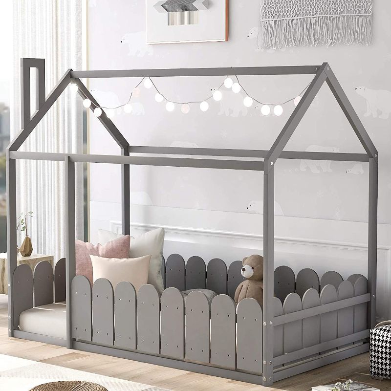 Photo 1 of House Bed Twin Size Kids Bed Frame with Roof and Fence, Box Spring Needed
