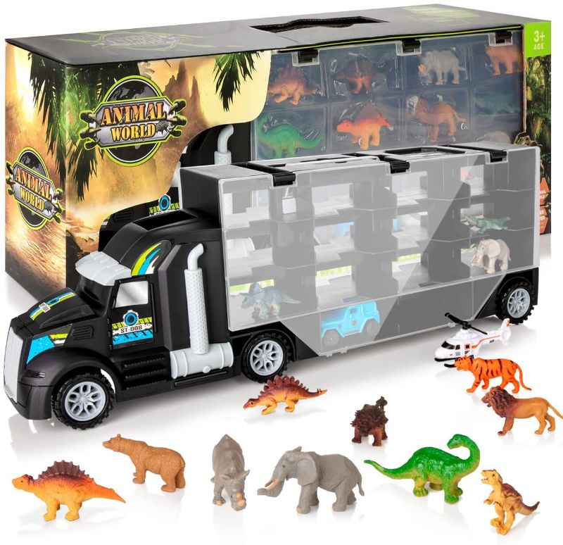 Photo 1 of Dinosaur Transport Truck, Carrier Toy Car with Dinosaurs Wild Life Car Helicopter, Portable Handle Best Dinosaur Toy for Boys Girls Age 3+(Black)
