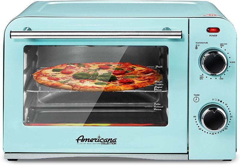 Photo 1 of Elite Gourmet Americana ETO1200BL# Vintage Diner 50’s Retro Countertop Toaster Oven, 1300W, Bake, Broil, Toast, with Temperature Control & Adjustable 60-Minute Timer, Fits 9” Pizza, 4 Slice,
