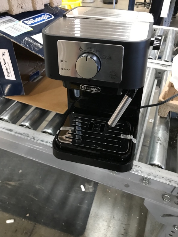 Photo 2 of *MISSING piece that holds espresso* 
*SEE last pictures for damage*
*cups/ mugs NOT included* 
De'Longhi Stilosa Manual Espresso Machine, Latte & Cappuccino Maker, 15 Bar Pump Pressure + Manual Milk Frother Steam Wand, Black / Stainless, EC260BK
