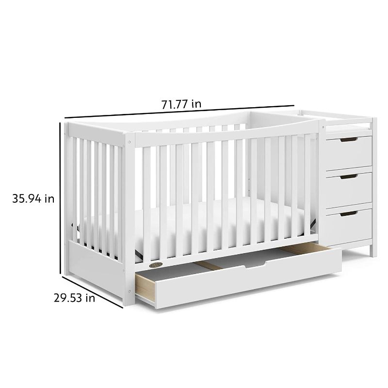 Photo 1 of *USED*
*MISSING hardware*
Graco Remi Convertible Crib with Drawer and Changer (White) - JPMA Certified, Attached Changing Table with 3 Drawers, 2 Shelves, and Water-Resistant Changing Pad
