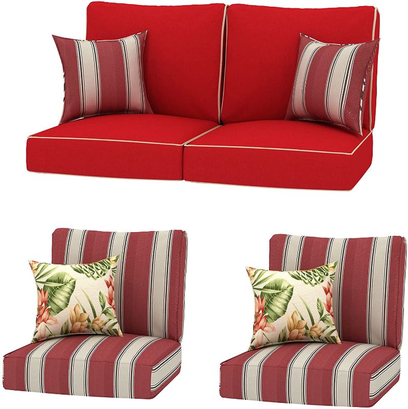 Photo 1 of *MISSNG stripped cushions* 
Creative Living Patio 24x24 Replacement Cushions with Decorative Pillows, 4PC Chat, Red Mix
