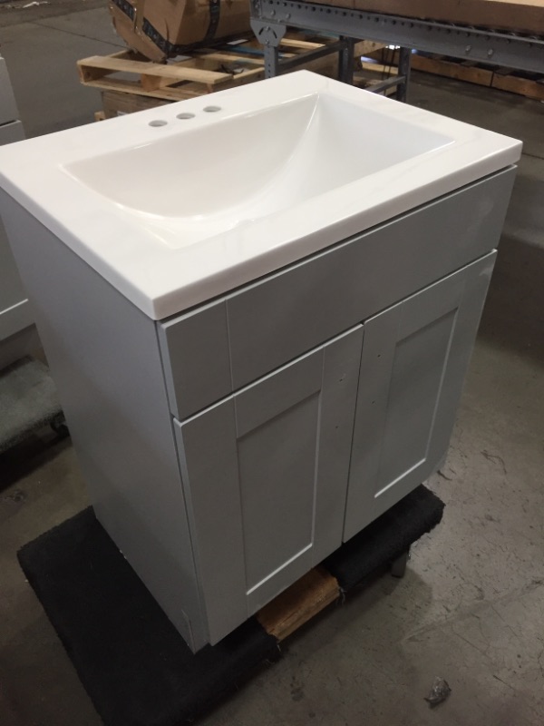 Photo 2 of *SEE last picture for damage*
Glacier Bay Arla 24.25 in. W x 18.75 in. D x 32.89 in. H Single Sink Bath Vanity in Pearl Gray with White Vanity Top and Mirror