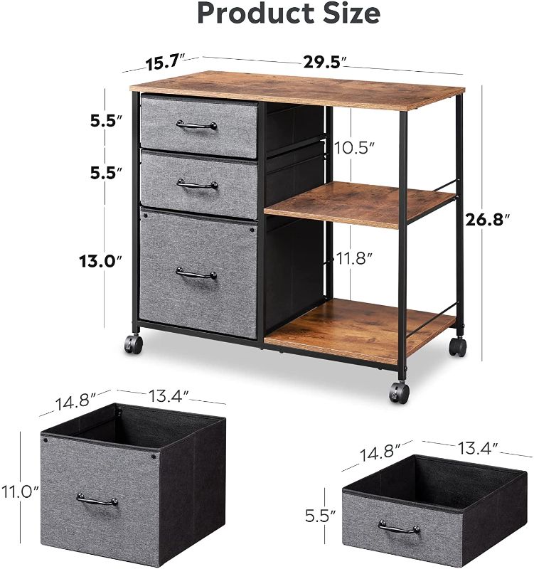 Photo 1 of *MISSING manual* 
DEVAISE 3 Drawer Mobile File Cabinet, Fabric Lateral Filing Cabinet fits A4 or Letter Size, Rustic Brown